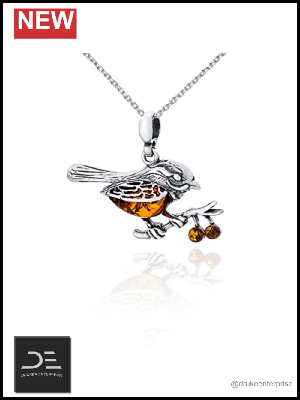 Sterling Silver Baltic Amber Pendant Necklace, Oxidised 925, Cognac Sparrow